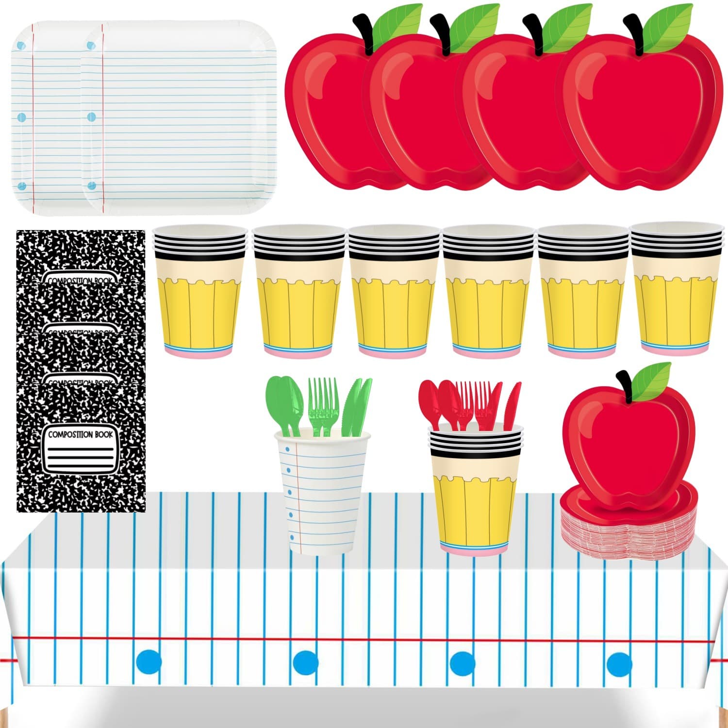 Back to School Party Decoration Set, Apple Notebook Paper Plates Napkins Tablecloth for Kids