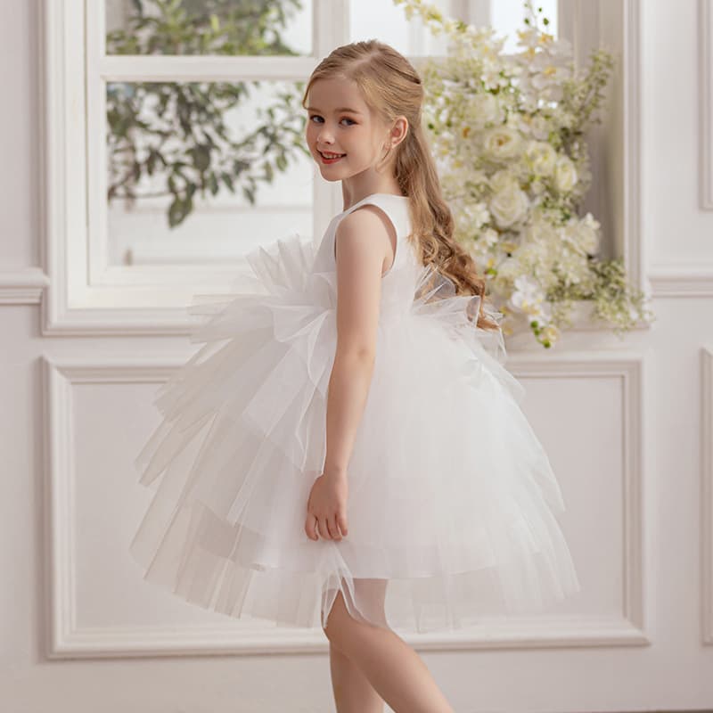 Cross-border Children's Birthday Party White Princess Dress Flower Girl Wedding Tulle Gown Festival Dance Performance Costume
