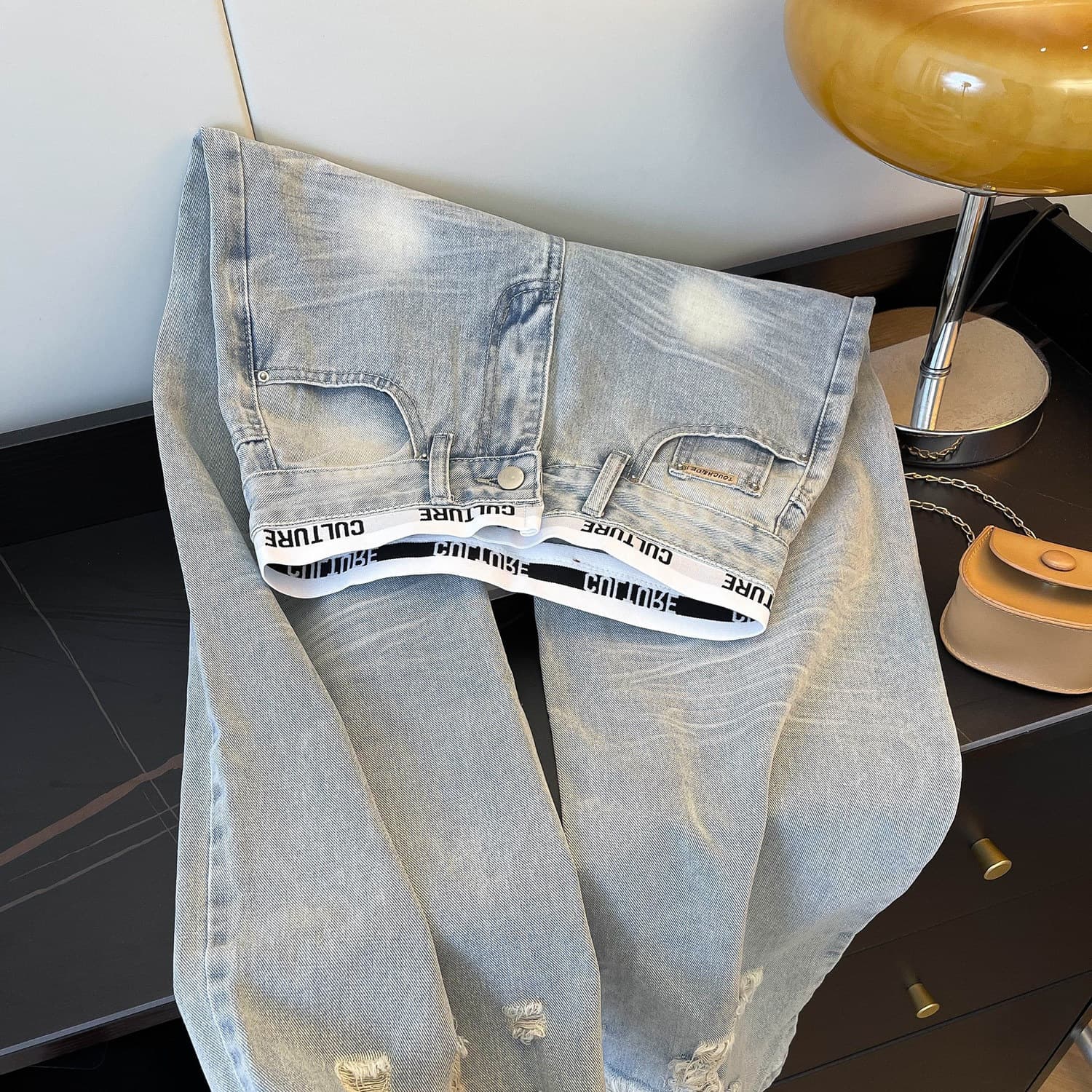 American Retro Patchwork Distressed Flared Jeans for Women, Light Blue, High-Waisted, Slimming Wide-Leg Long Pants