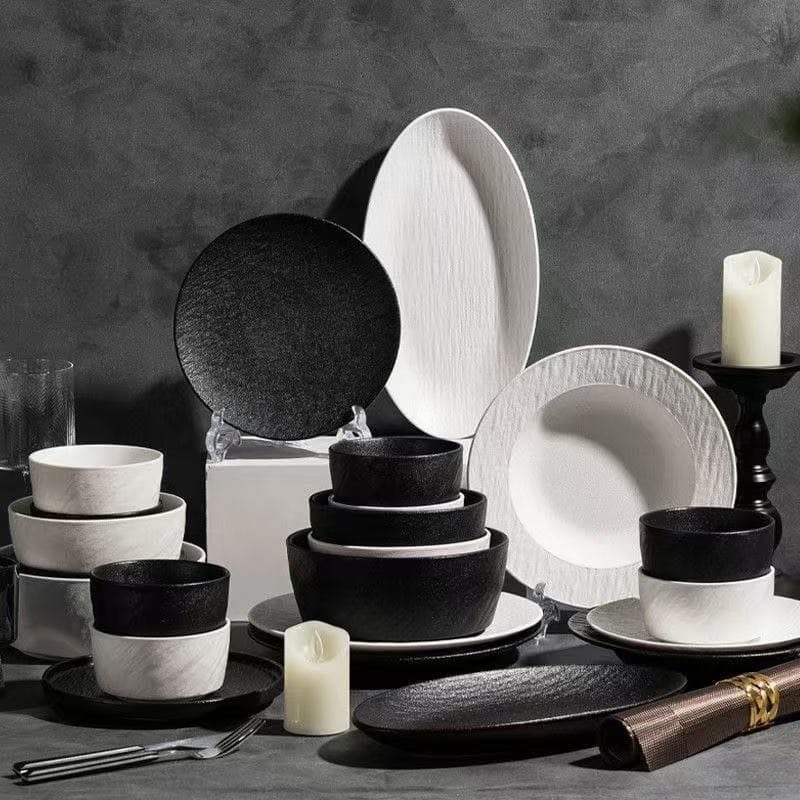 Black and White Luxury Ceramic Bowl and Plate Set, Home Use Matte Rice Bowl, Noodle Bowl, Soup Bowl, Steak Plate, Fruit Plate, Shallow Plate