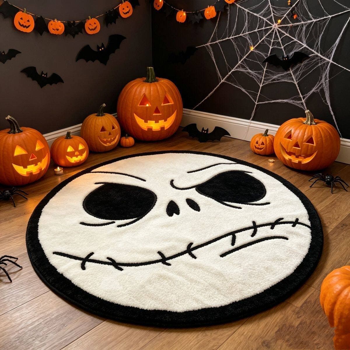 Halloween Theme Faux Cashmere Rug Dark Style Jack Skull Round Living Room Rug Bedroom Bedside Rug