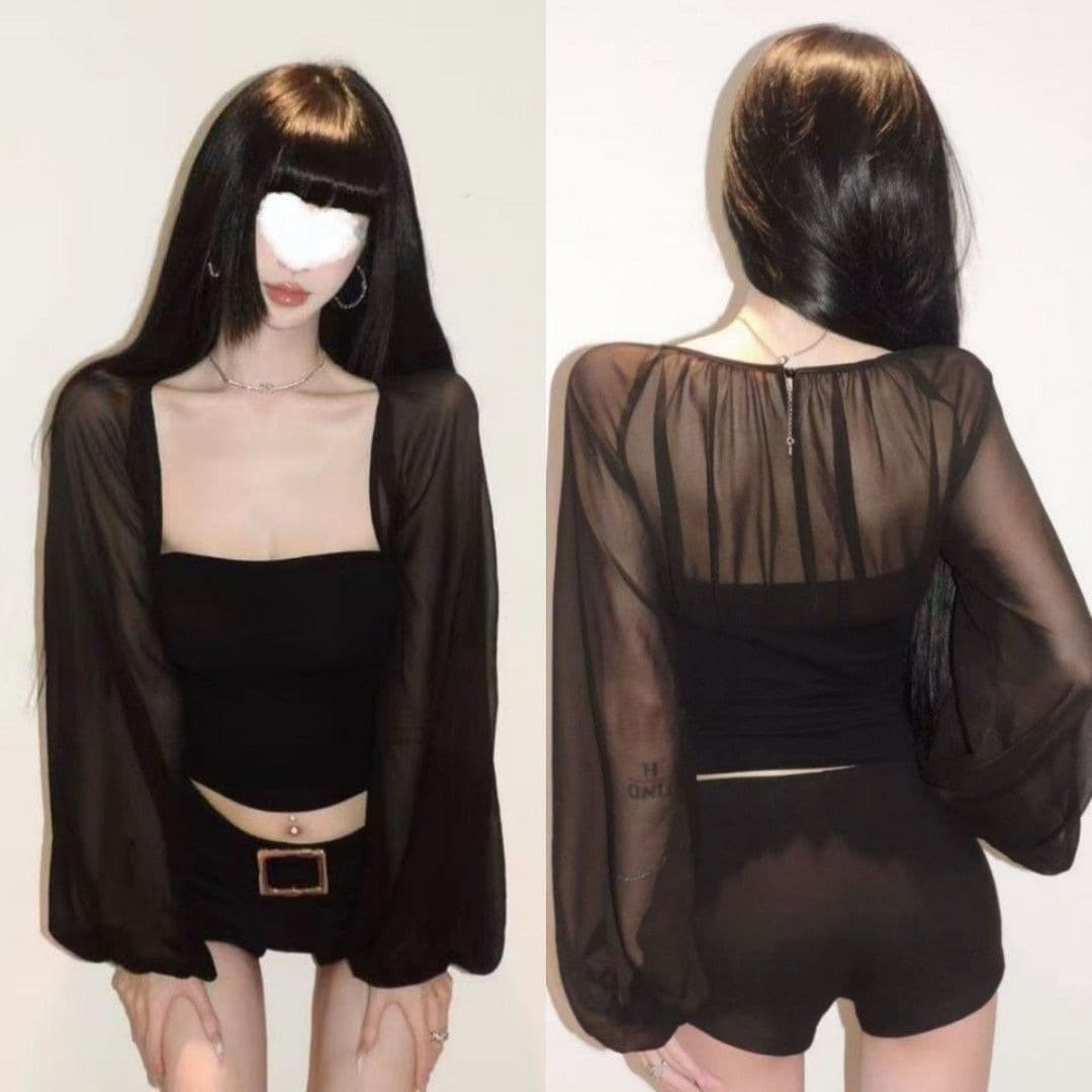Hot girl style mesh splicing lantern sleeves waist-cinching long-sleeved women's 2026 summer clavicle hot style cool slightly see-through top