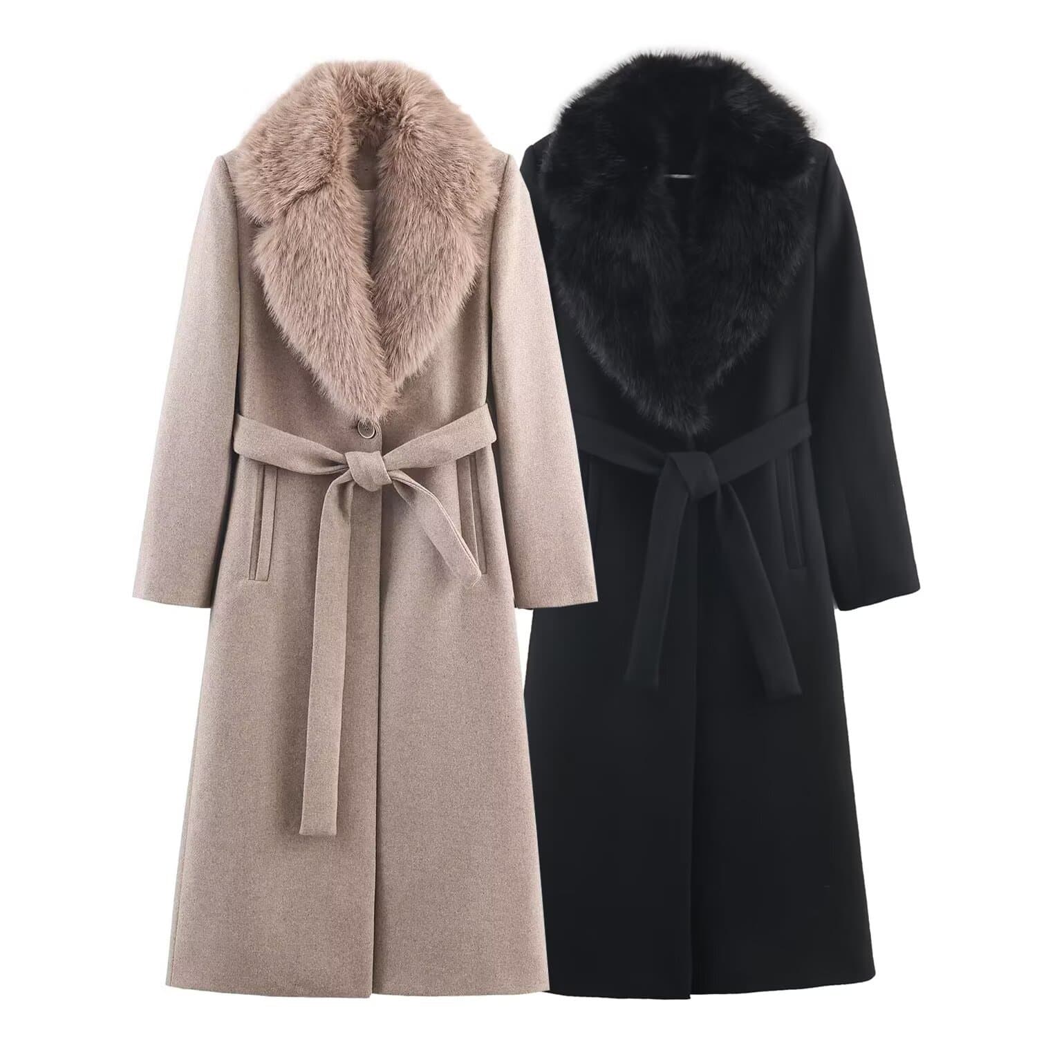 PB&ZA Women's 2025 Winter New Faux Fur Effect Collar Long Sleeve Coat 8535341