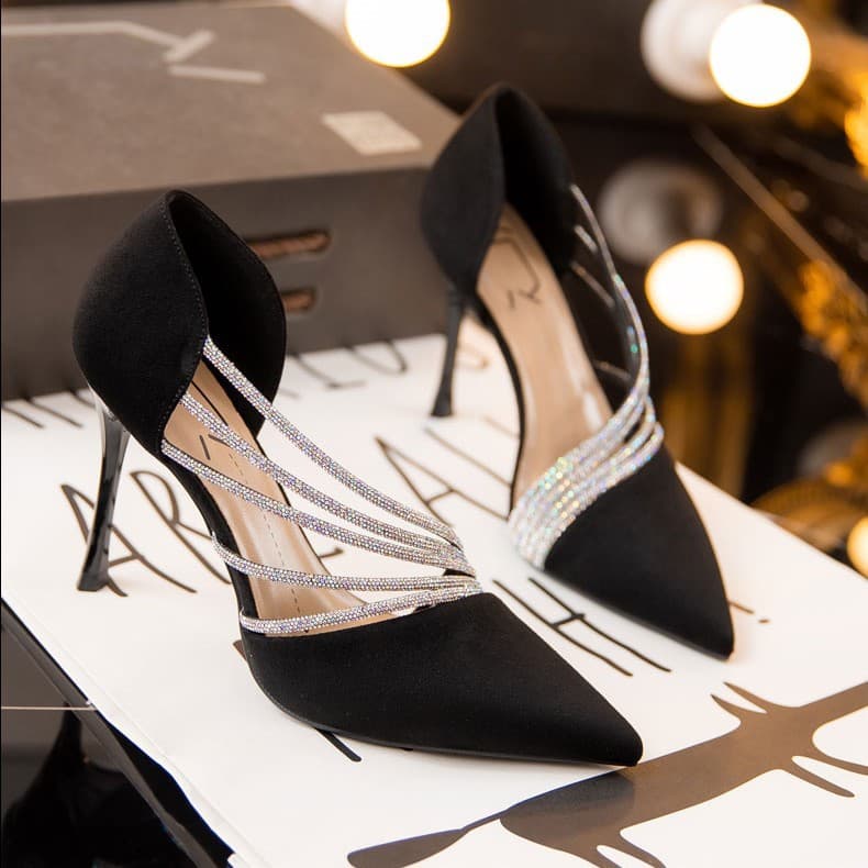 2026 Spring Fashionable Rhinestone Side Cutout French High Heels, Height-Increasing Pointed Toe Stiletto Women's Dress Shoes