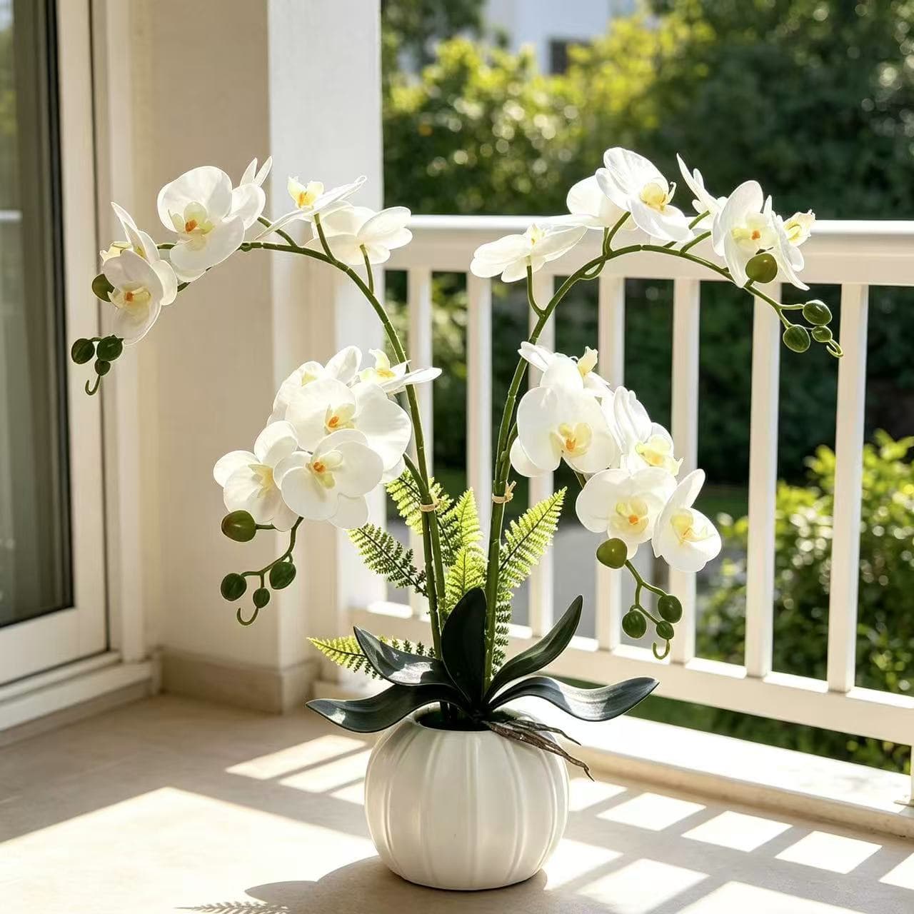 White Phalaenopsis Orchid Bonsai Home Decor Potted Pumpkin Pot Desktop Artificial Flower High-End Realistic Look
