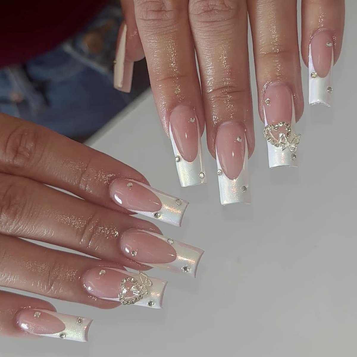 Long Tube White Press-On Nails with Aurora French Tips, Heart Butterfly Rhinestone Decoration Fake Nails
