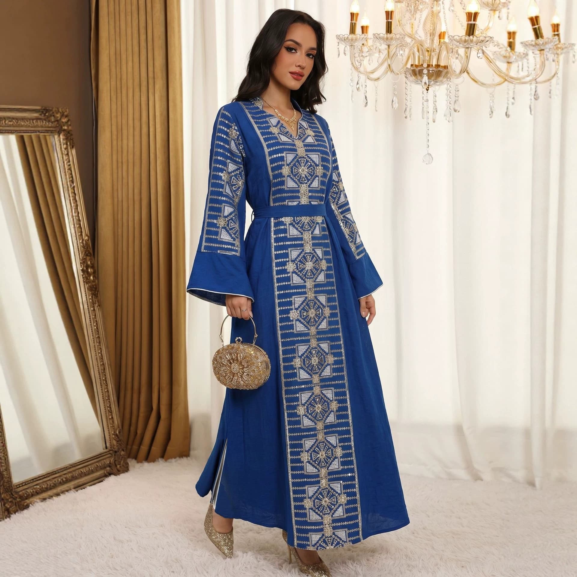 Y022 Cross-border New Ethnic Style Dress Heavy Gold Thread Beaded Embroidery Long Robe Luxury Banquet Gown
