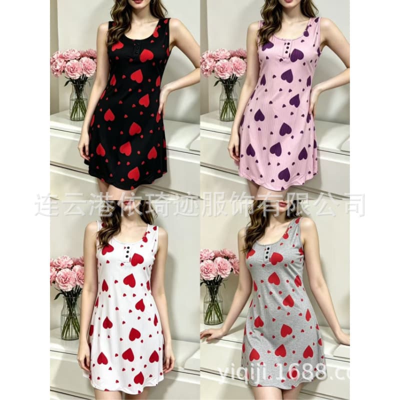 European and American cross-border Amazon new deep V suspender skirt love printed nightgown pajamas home clothes wholesale