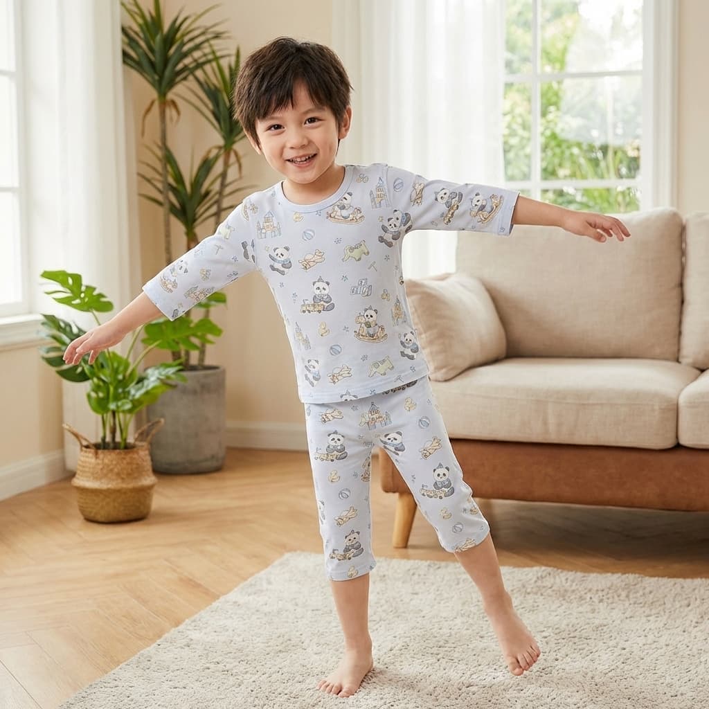 Children's Lyocell Pajamas Summer Thin Seven-Point Sleeve Set, Sleepwear for Older Kids, Boys and Girls, Air Conditioning Wear