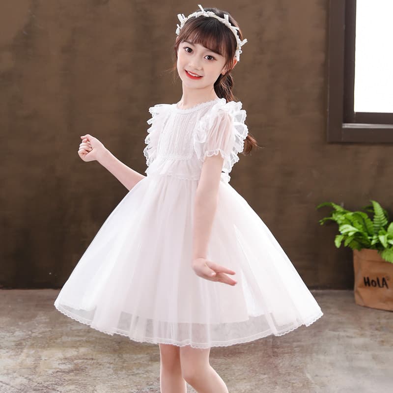 Girls princess dress summer short-sleeved children's white dress baby's Children's Day host small dress performance gauze skirt