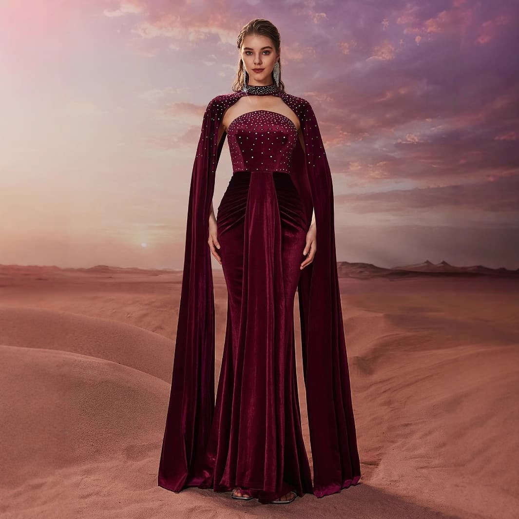 Rhinestone Velvet Slim Fit Cape Sleeve Formal Prom New Year Party Women's Two-piece Evening Gown-LPN218