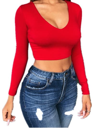 2021 Spring and AuTum Pure Color V Neck Navel-baring Sexy Slim Long-sleeved ShorT Top T-shirT Showing Your Figure and Looks Good