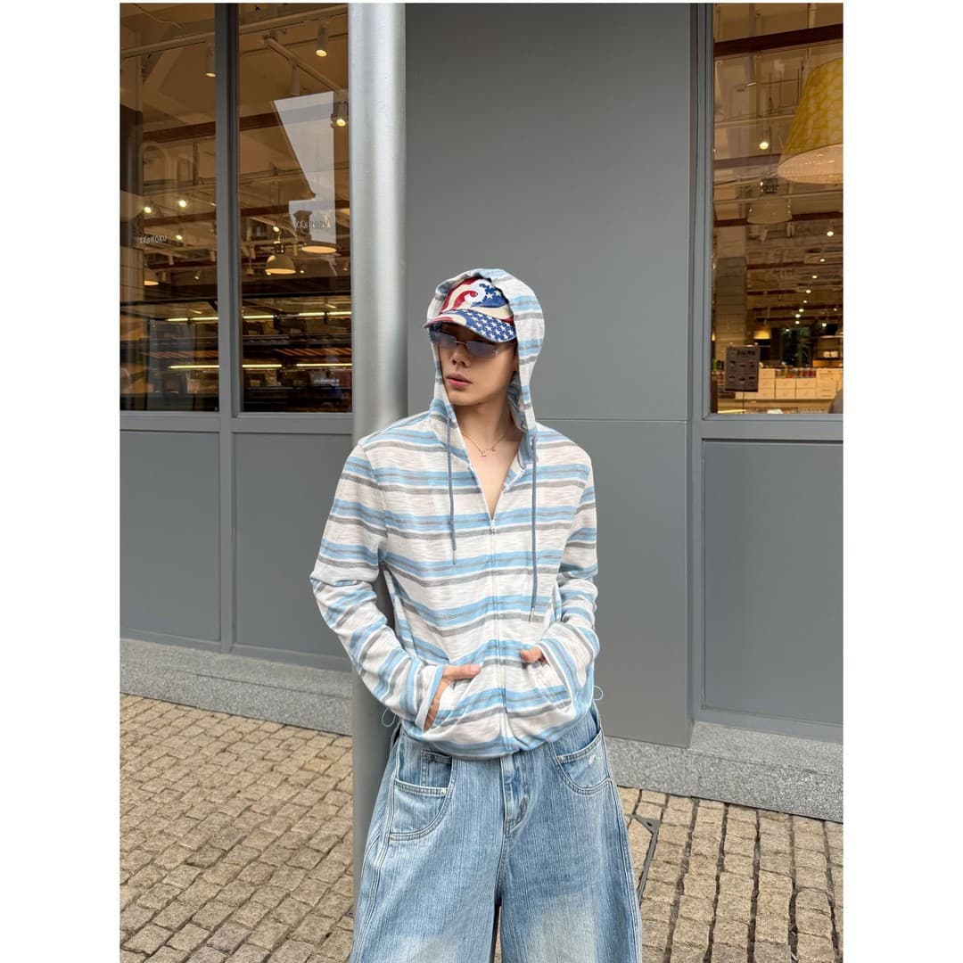 Morandi Academy/Striped Hoodie - Retro Contrast Striped Relaxed Fit Hooded Cardigan
