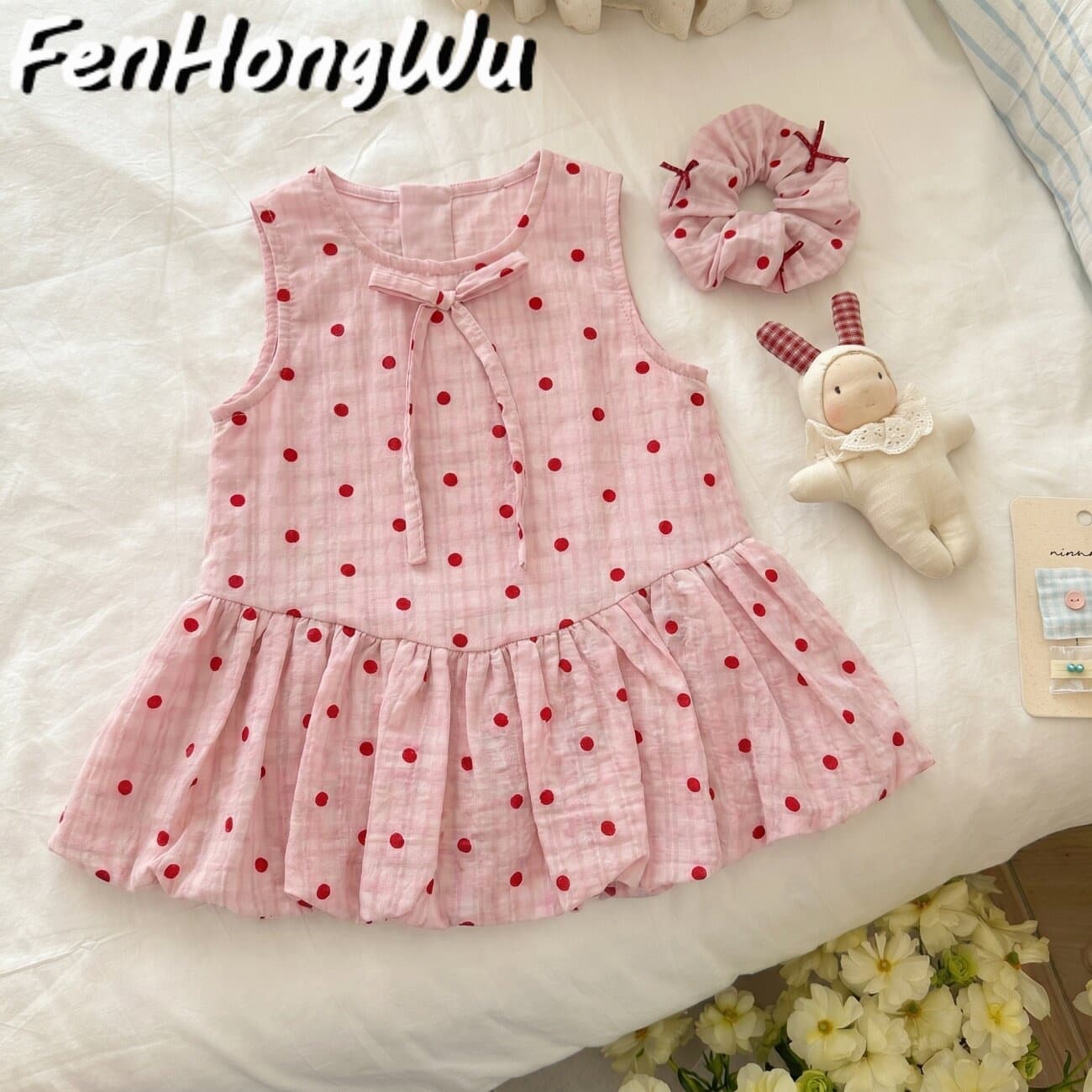 FHW New Girls Pink Polka Dot Dress Summer Sweet Princess Dress Sleeveless Vest Dress Baby Girl Fashionable