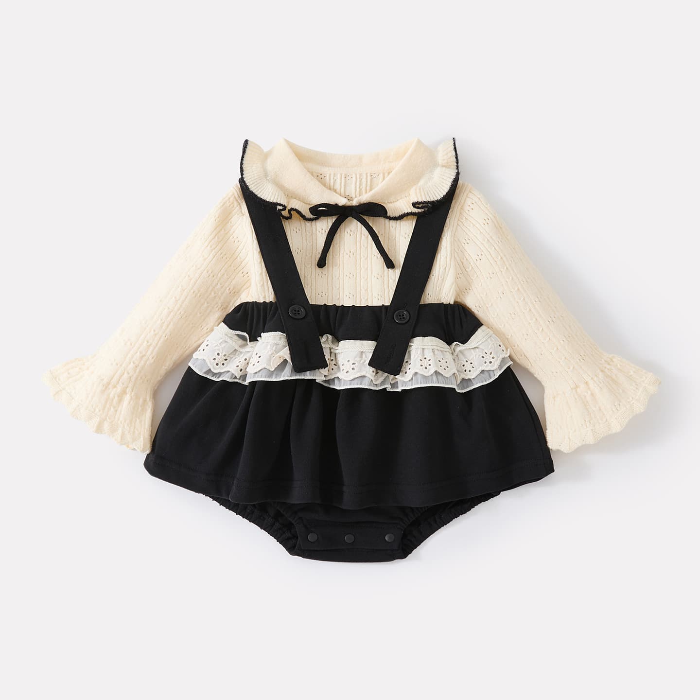 Infants and young children's autumn simple bell-sleeved woolen tops for baby girls sweet lace suspenders and harem two-piece set