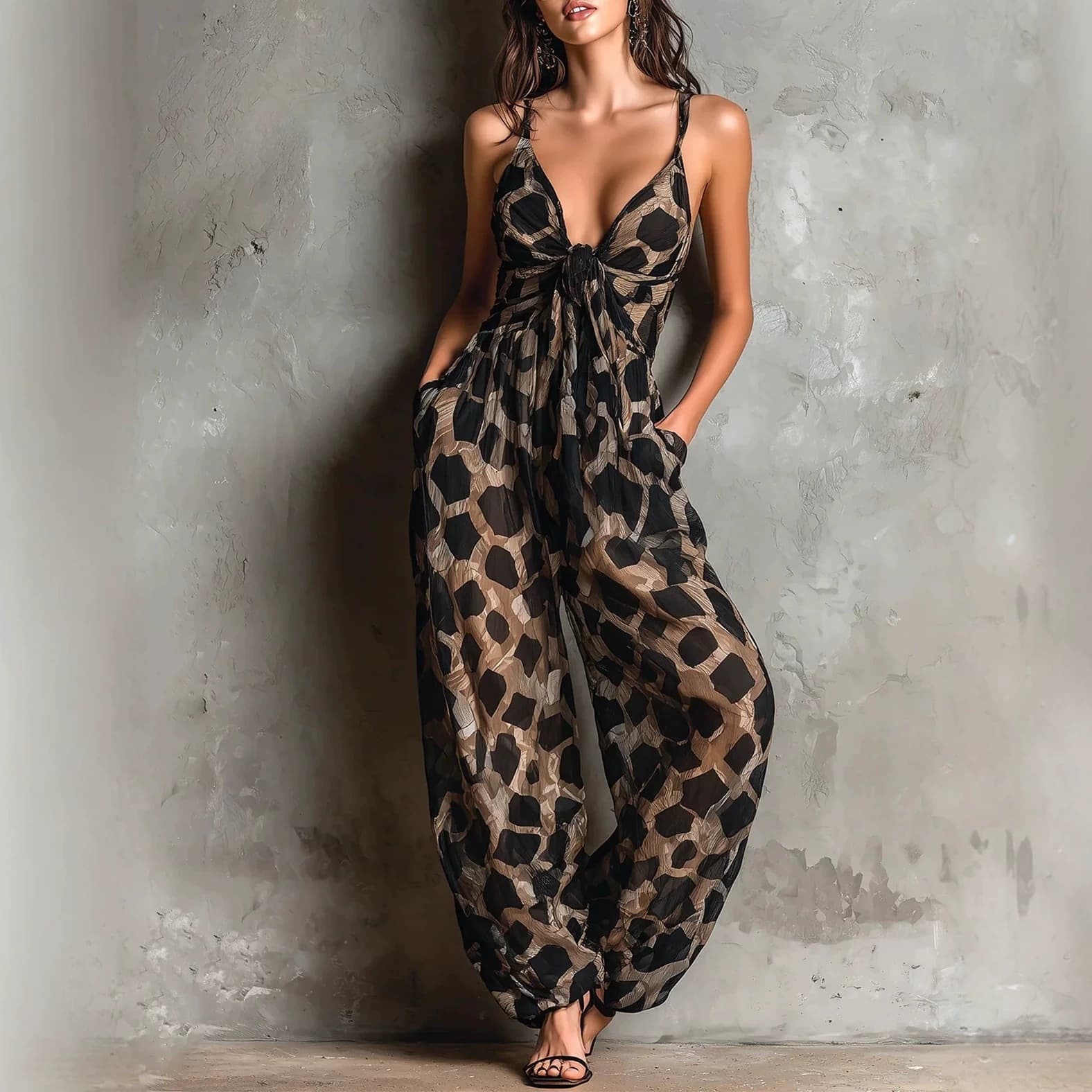Vintage Leopard Print Deep V Twist Strap Jumpsuit Loose Flowing Wide Leg Slimming Vacation Style Long Jumpsuit