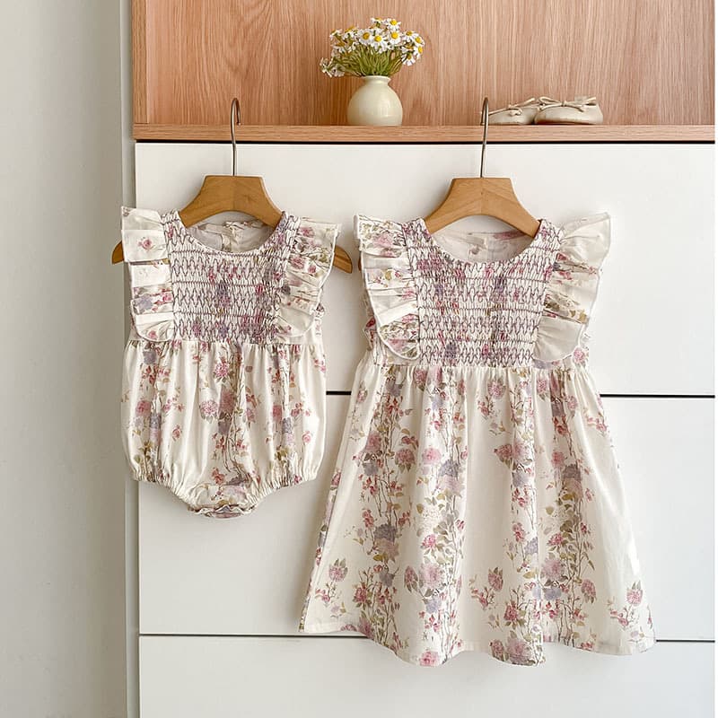Girls Summer Dress New French Floral Smocked Sleeveless Dress Baby Bodysuit Children Sibling Set