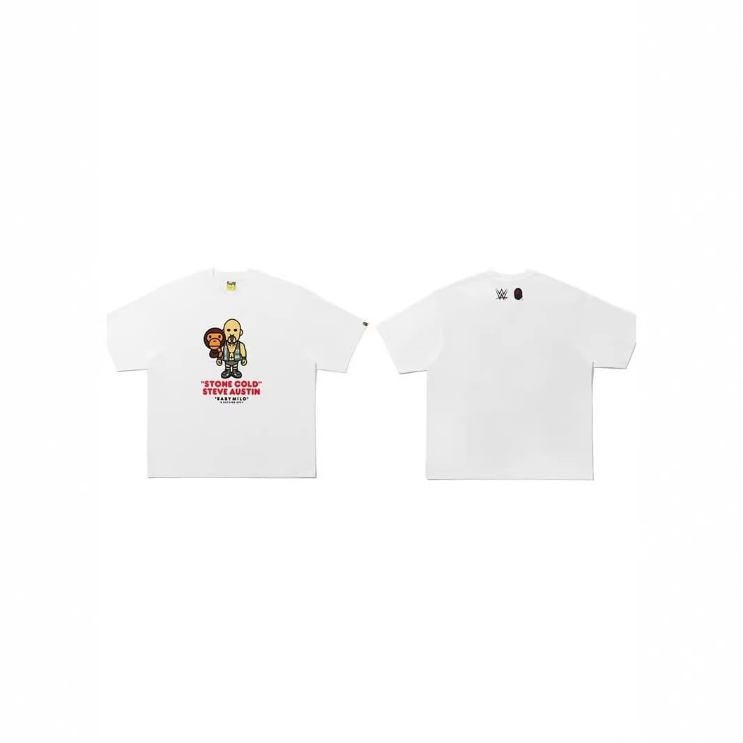Bape Co-Branded with Wwe Trendy Brand Cartoon Print Loose Cotton Short-Sleeved T-Shirt for Men and Women, Summer Street Hip-Hop Couple Style