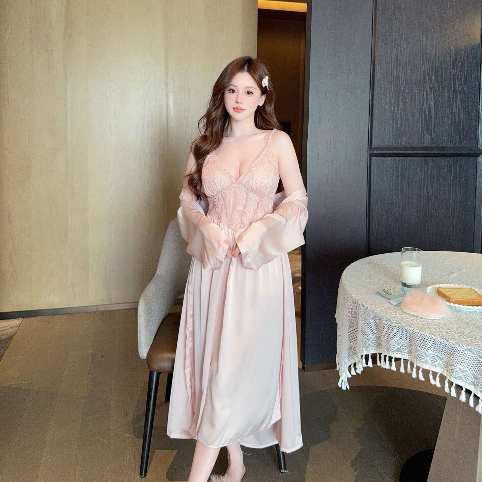 New Spring and Autumn Sling Nightgown Women's Sexy Ice Silk Medium and Long Pajamas Thin Pure Style Nightgown with Chest Pad