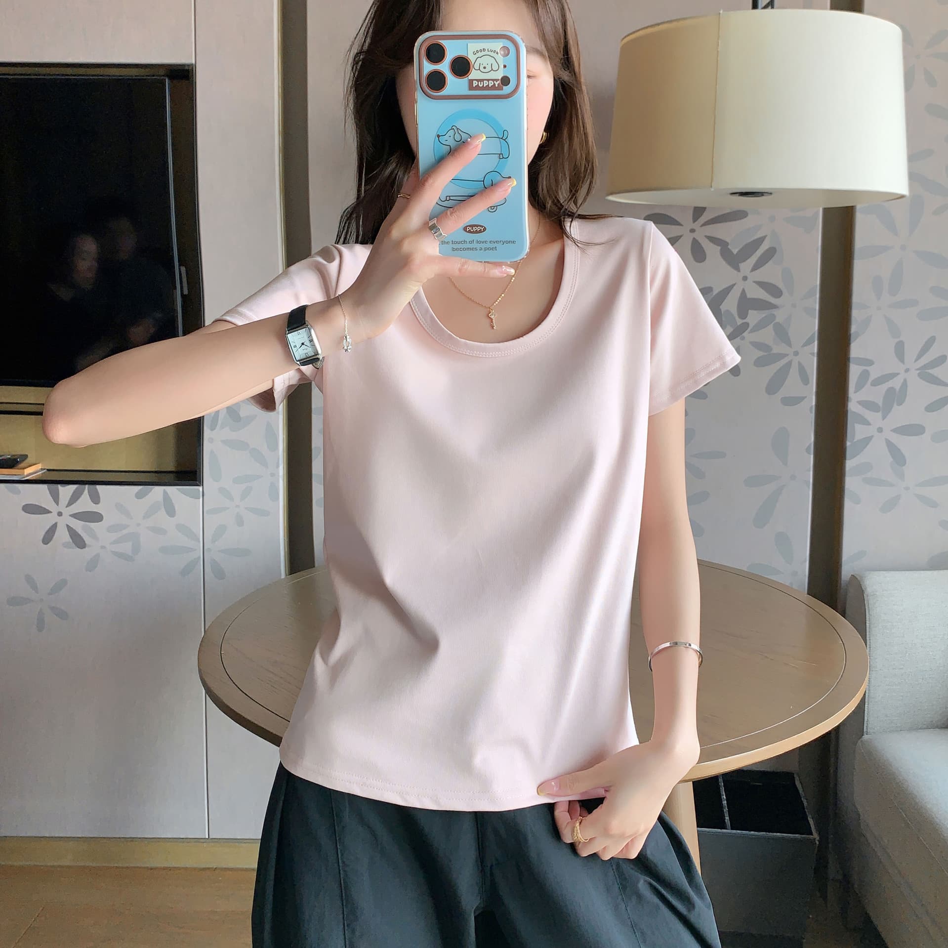 K3017 Straight Shoulder U-Neck Cotton Short-Sleeve T-Shirt for Women, New Spring/Summer Style, Solid Color, Korean Style, Loose Fit, Slimming Base Shirt Top