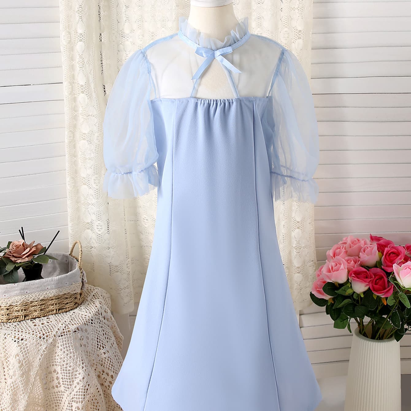 Summer Teen Girls Transparent Bubble Sleeve Small Stand Collar Mesh Patch Short Slim Princess Dress