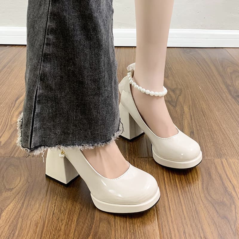French High Heels Women 2025 New Spring/Autumn Pearl Retro Chunky Heel Mary Jane Audrey-style Small Leather Shoes Custom