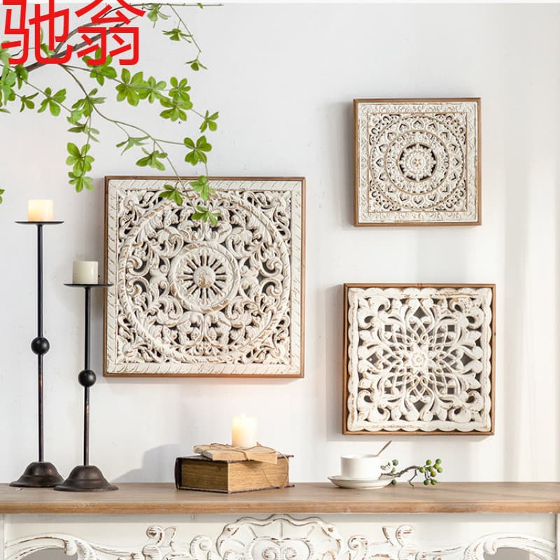 E4C French Retro White Solid Wood Carved Wall Decorative Painting Set Nordic Home Background Wall Homestay Hollow
