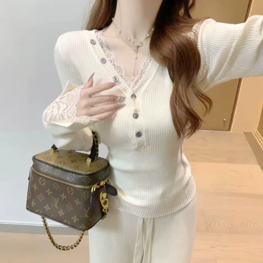 Lace Collar Knit Top for Women, Spring Autumn New Design, Inner Layering Slim Fit Top, Wear Out