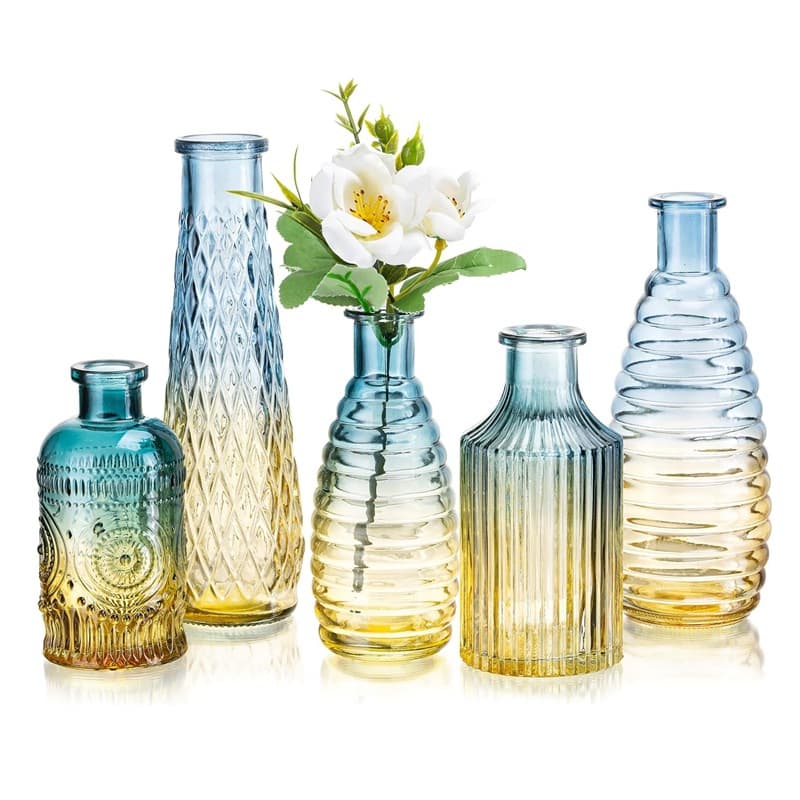 5-Piece European Vintage Relief Blue-Yellow Gradient Spray Mini Hydroponic Vase Aromatherapy Vase Set for Dried Flowers