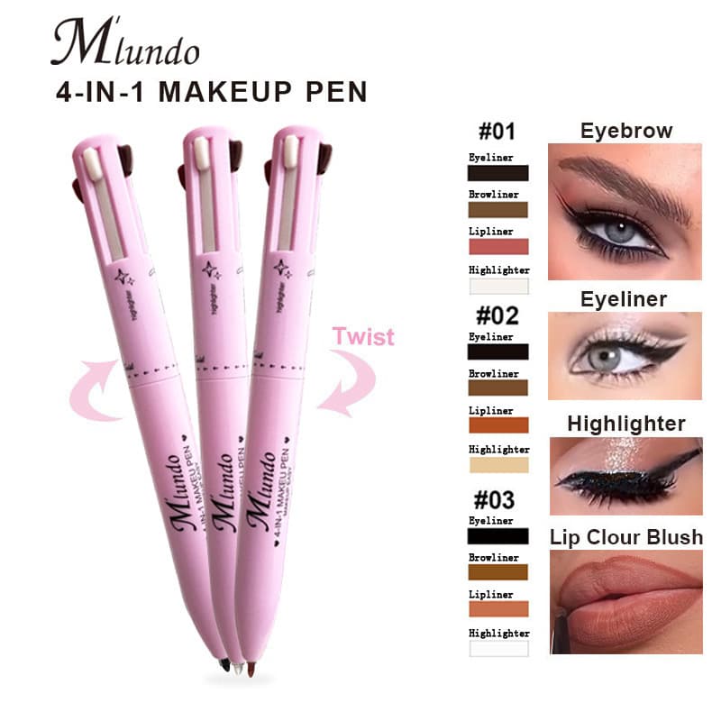 MLUNDO 4-in-1 Makeup Pen 4-Color All-in-One Lip Liner Highlighter Eyeliner Eyebrow Pencil 4in1 Makeup Pen