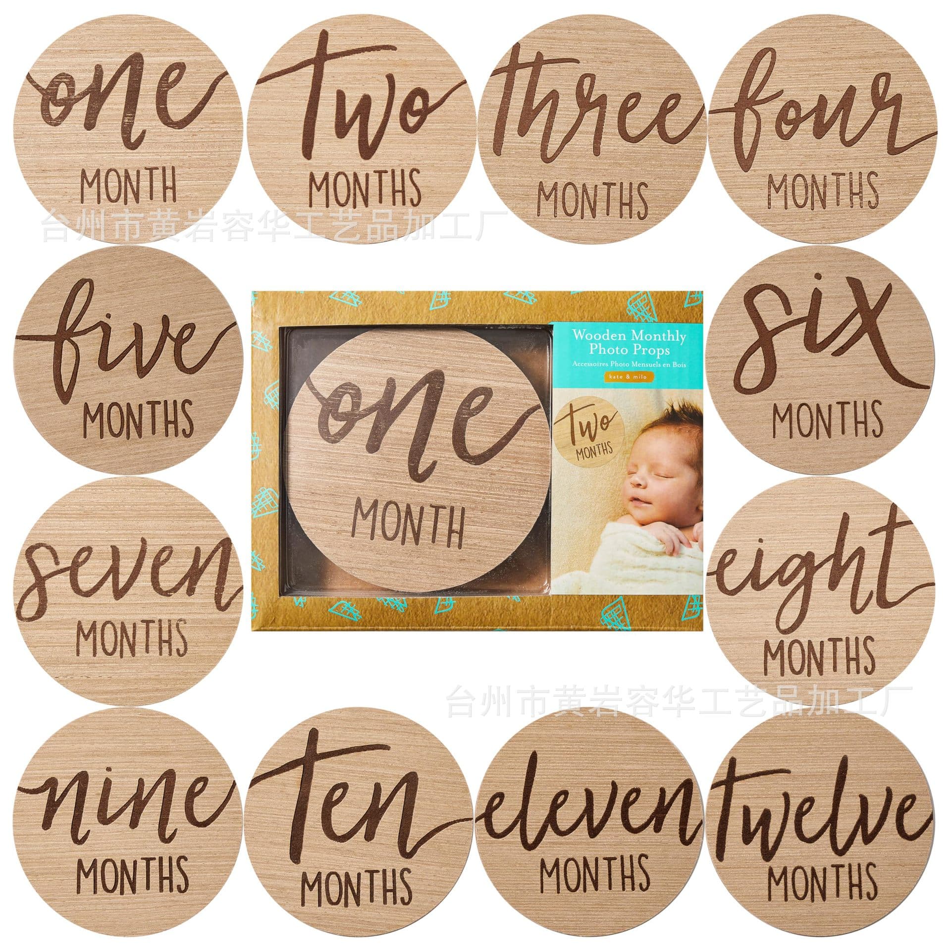 Cross-border wooden baby commemorative card double-sided wooden baby month wooden sign round solid wood full moon photo prop