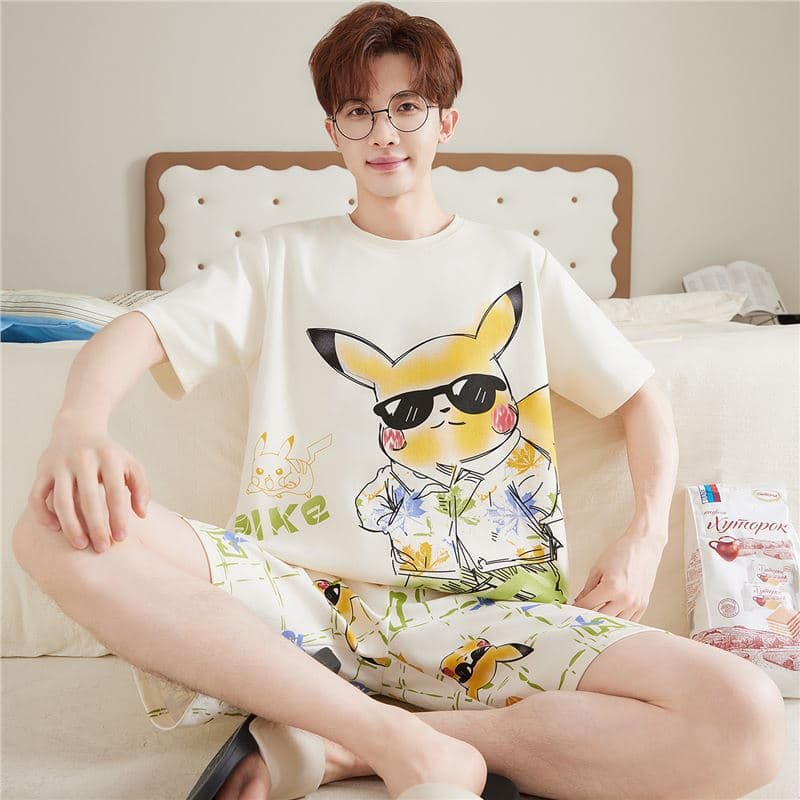 Summer Pajamas for Men, Cotton Short Sleeve Thin Style, Youth Large Size, Cartoon Student Home Suit Set