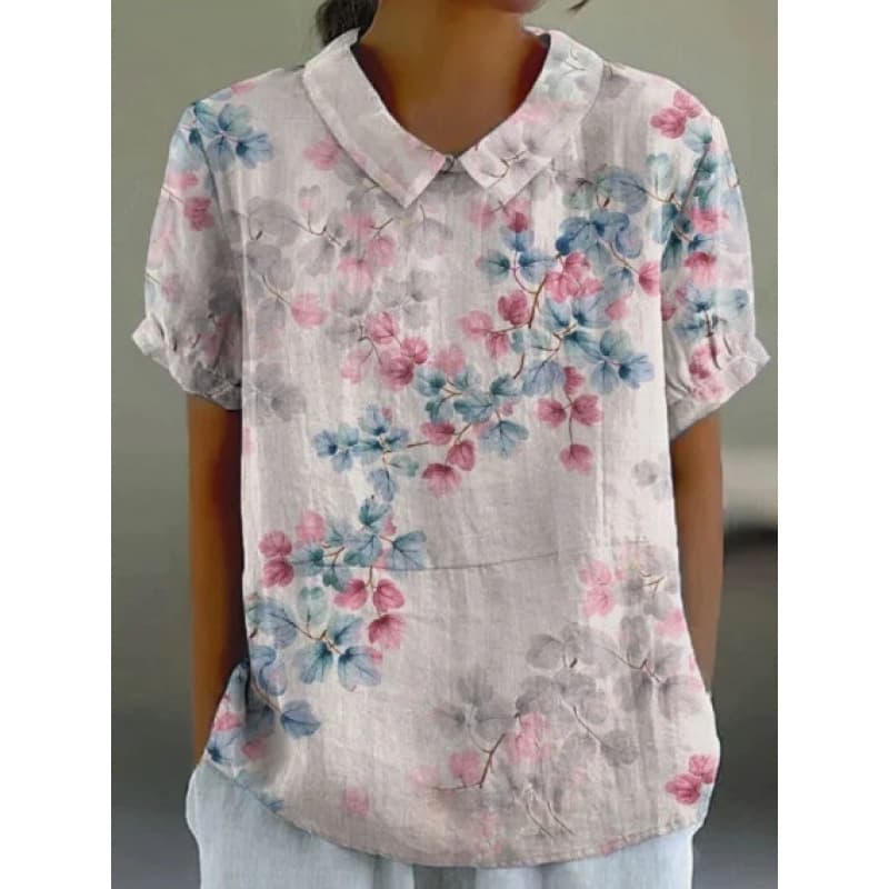 Women's Comfortable Summer Style Doll Collar Short Sleeve Printed Pullover Blouse