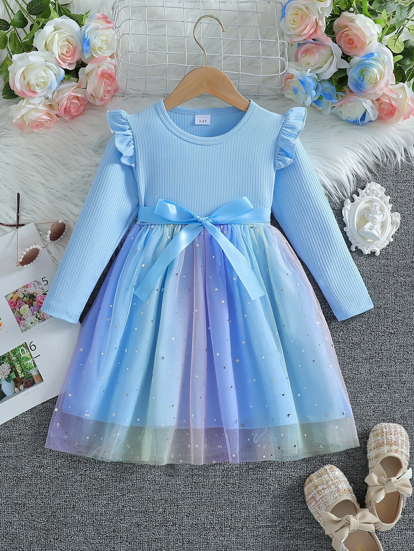 Princess Style Long Sleeve Children's Dress with Butterfly Knot Mesh Skirt for Girls Autumn New Fashion Casual Skirts