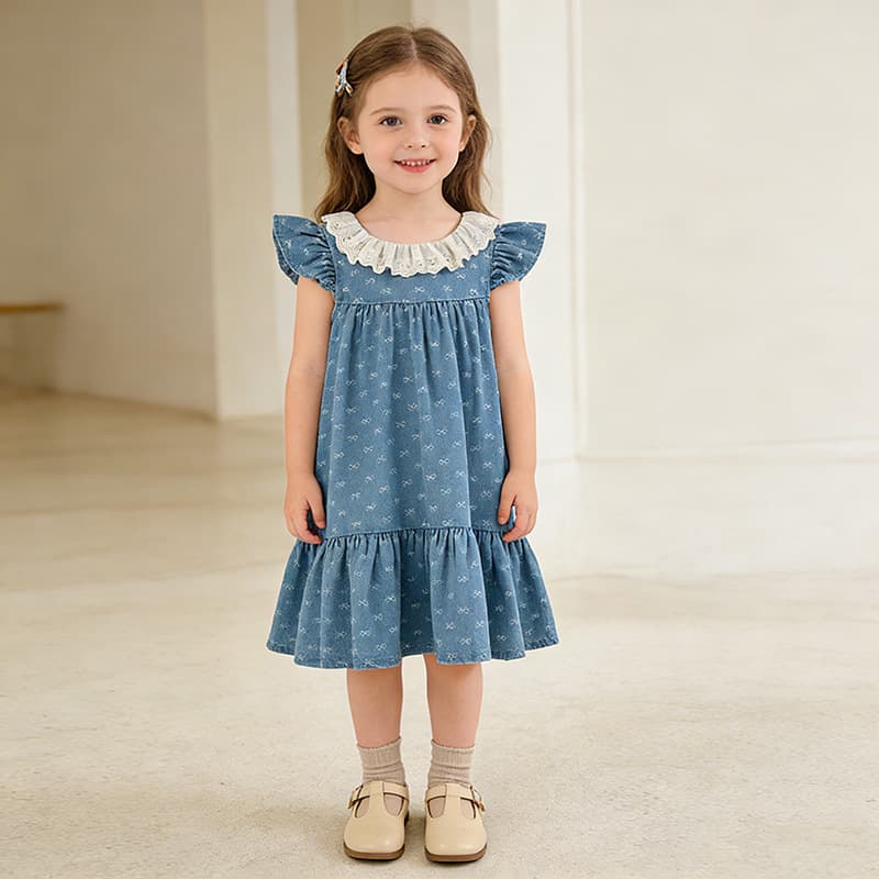 Girls Summer Dress New Style Children's Denim Bow Print Fashionable Princess Dress for Kids