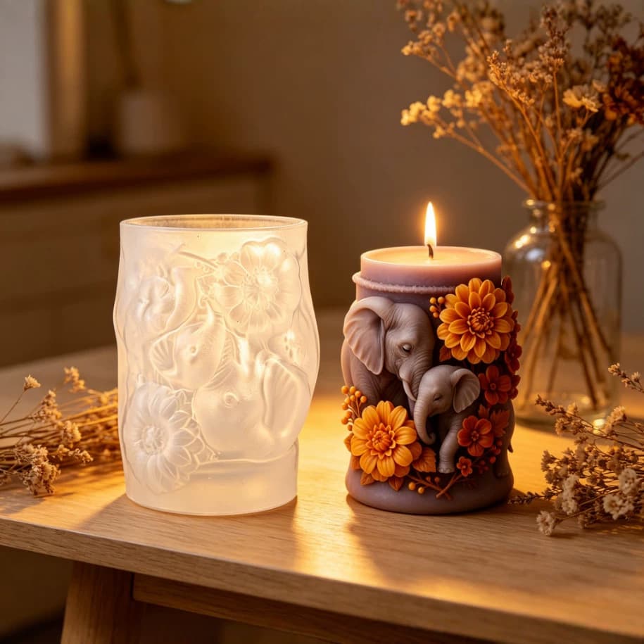 3D relief elephant flower scented candle mold Mother-and-mother elephant three-dimensional flower cylindrical cup silicone mold