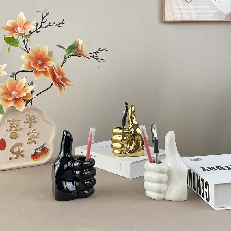 Creative Design Thumb Stick Ceramic Pen Holder, Student Office Desktop Dual-Use Pen Holder and Book Holder Storage