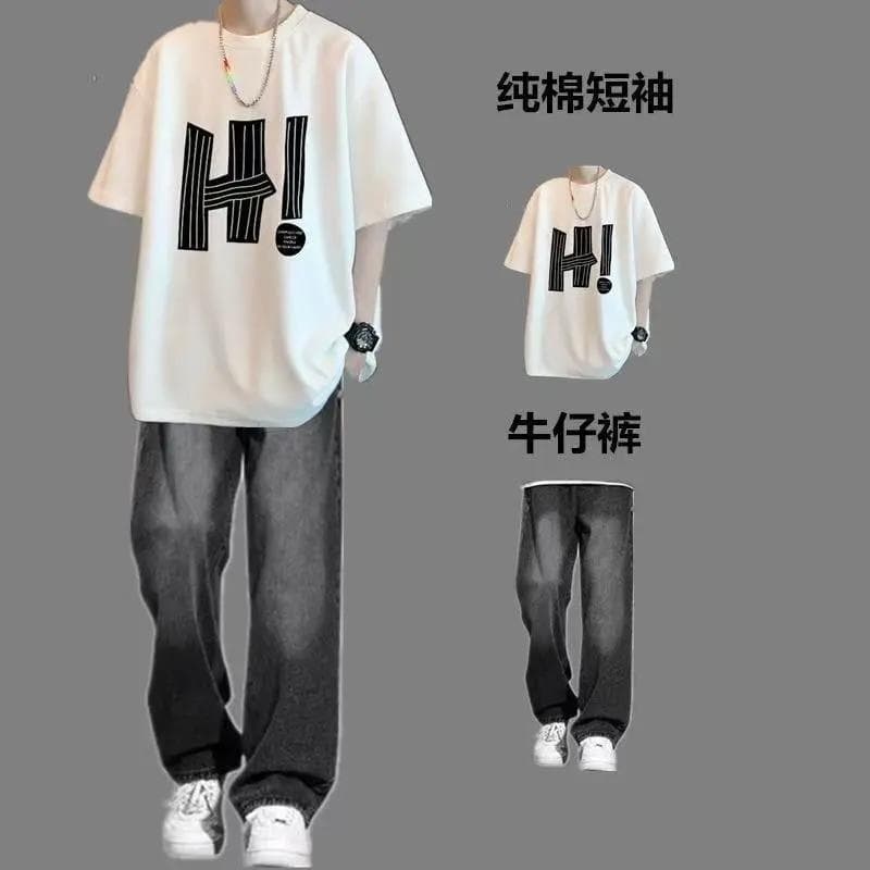 American High Street Short Sleeve T-Shirt for Men Summer Set Ins Trendy Brand Youth Cool Style Complete Outfit