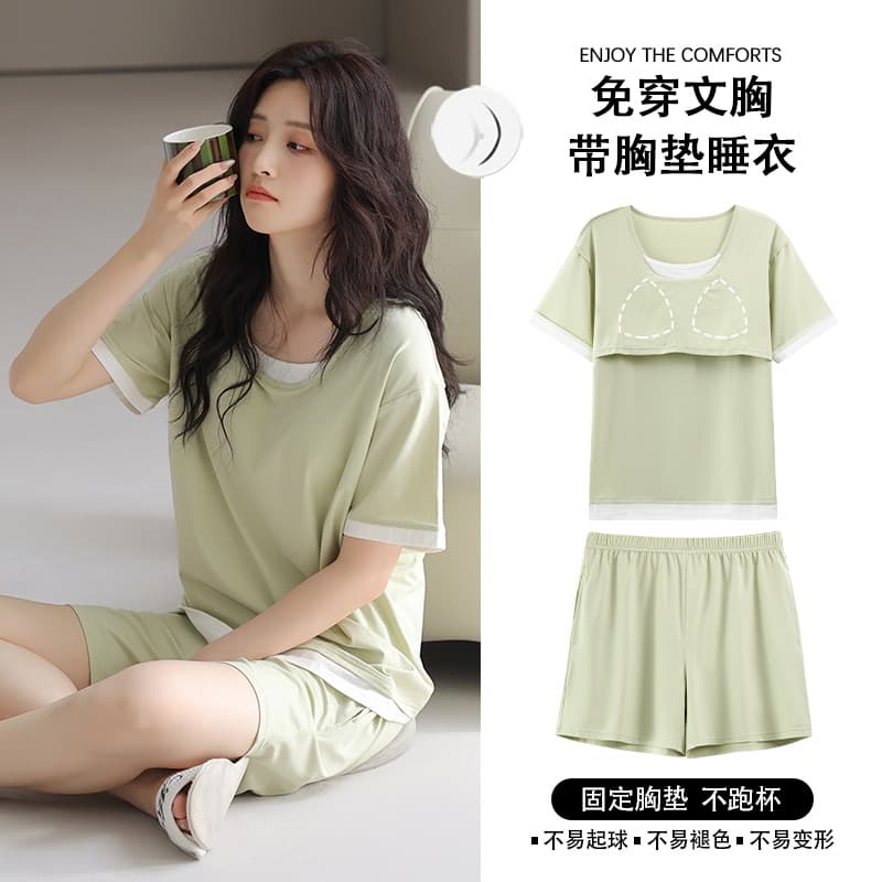 Women's Summer Sleepwear Modal Casual Short Sleeve Home Clothes Set with Chest Pad Large Size Outerwear Comfortable Breathable