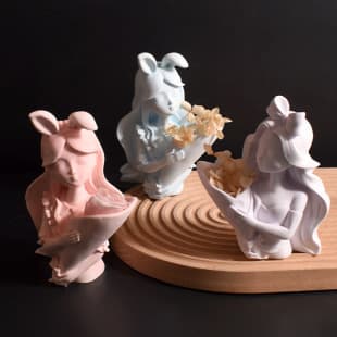 Alice Bouquet Mold with Bow and Bunny Ears, Alice Vase Flower Arrangement Plaster Decoration Silicone Mold