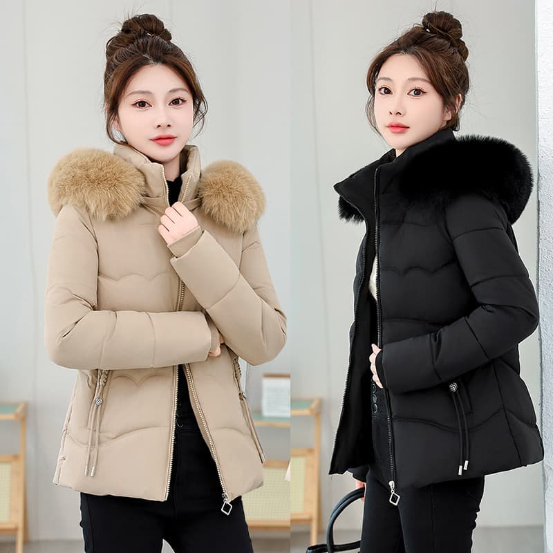 2025 New Winter Thicken Parka for Women Short Detachable Fur Collar Petite Cotton Coat Jacket