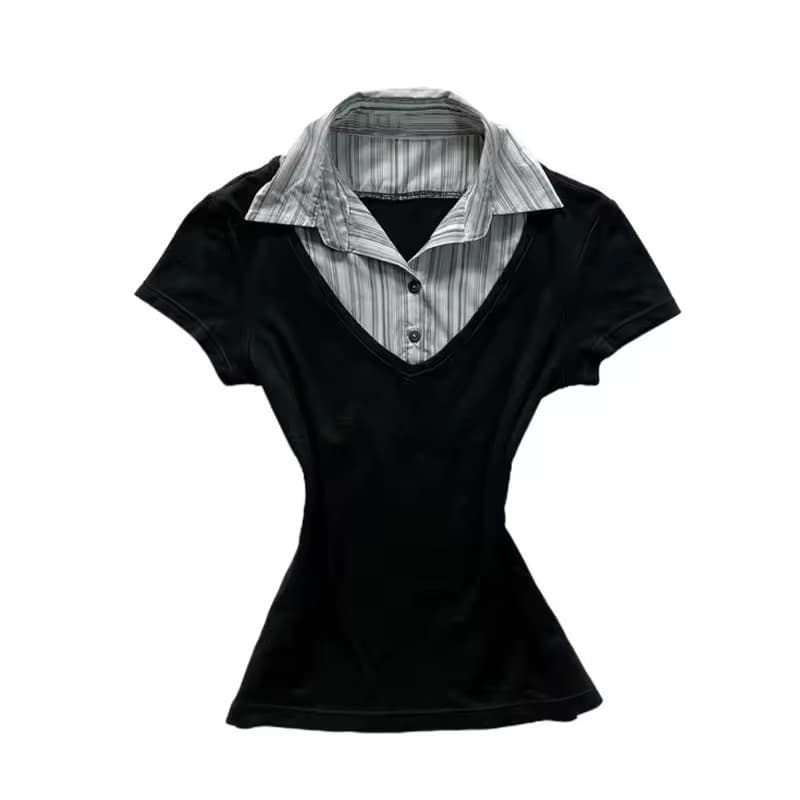 Simple and elegant foreign trade polo collar lapel pleated single-breasted fitted waist commuting striped solid shirt