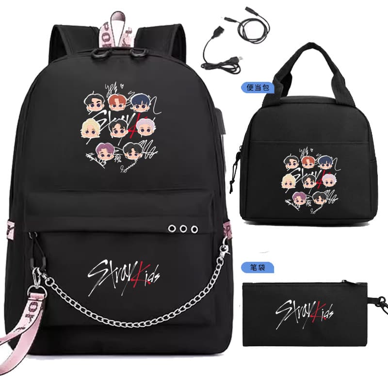 New StrayKids Seungmin Inspired Chain Backpack USB Charging Lunch Bag Pencil Case 3-Piece Set