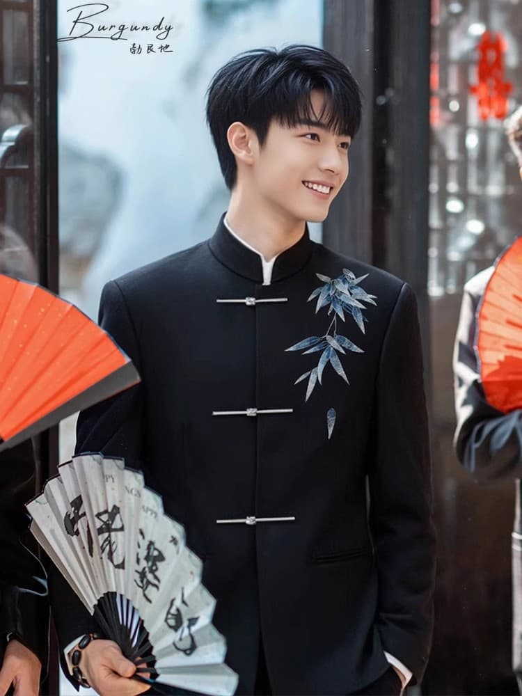 New Chinese-style men's national wind suit with shoulder pads, graduation class uniform, choir performance, speech, photography, groom, groomsmen, wedding attire.