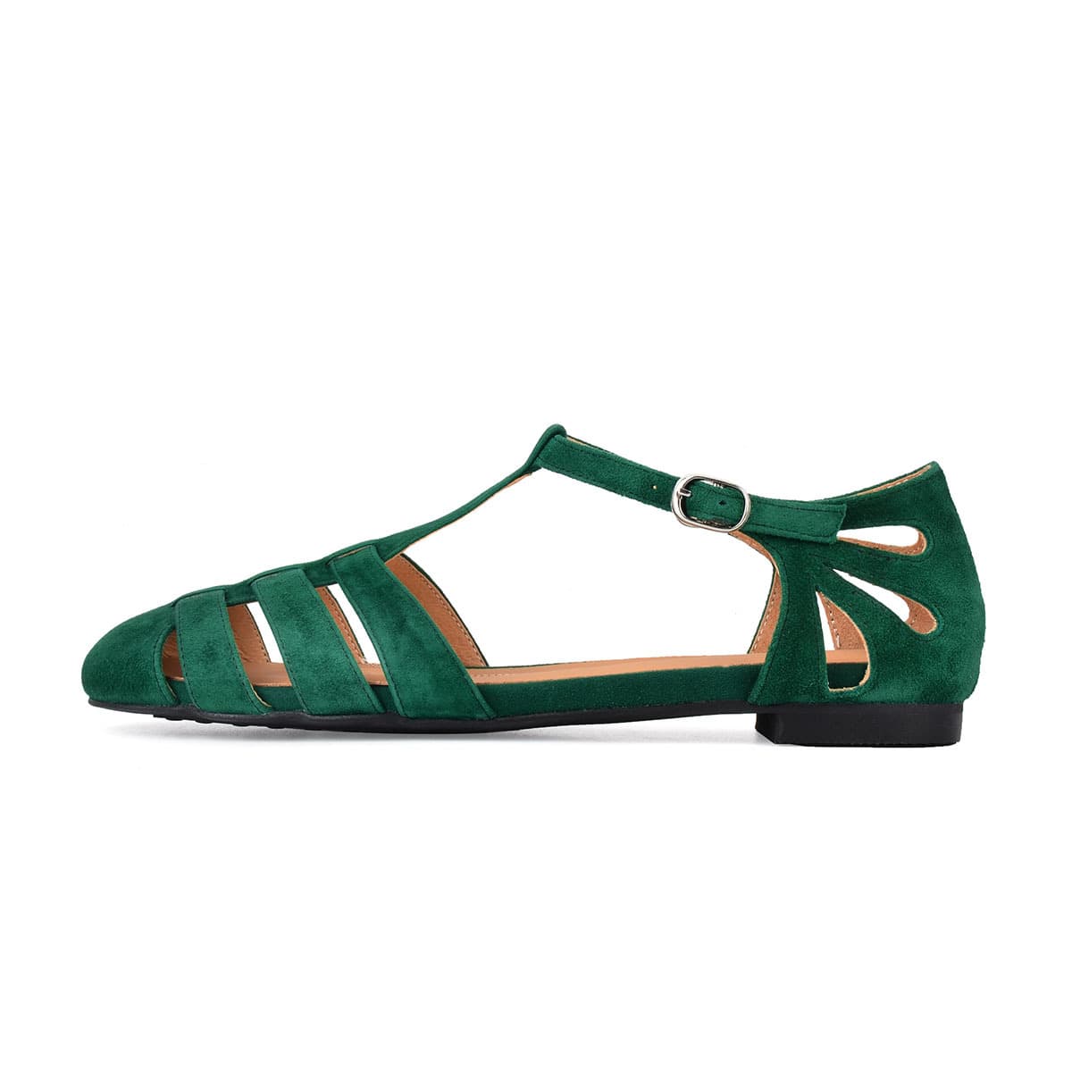 Summer Green Sheep Suede Roman Sandals ~ Round Toe Hollow T-Strap Closed Toe Sandals Large Size Flat Sandals Women