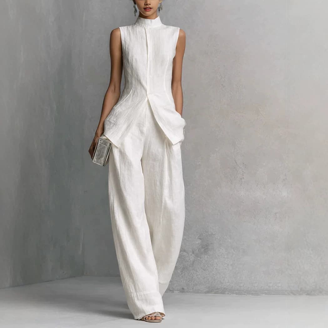 Amazon Cross-Border Independent Site Linen Texture Shirt Solid Color Stylish Sleeveless Long Pants Set for Women