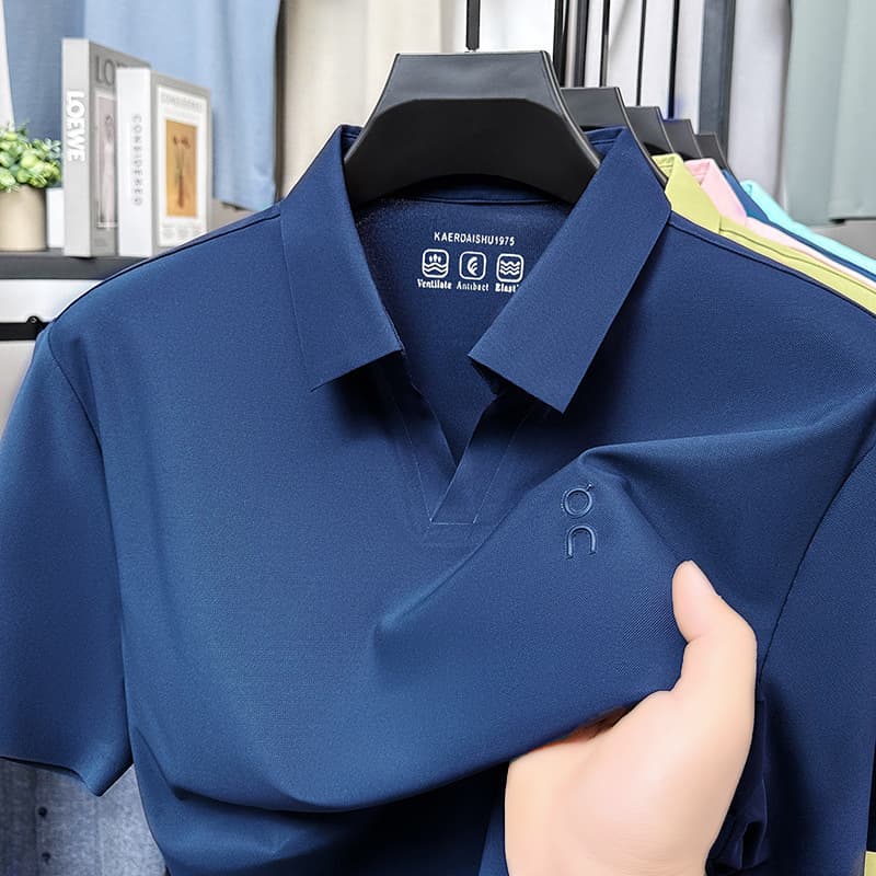 Ice Silk Short Sleeve Men's T-Shirt - Summer Light Luxury High-End Fashion Men's V-Neck Seamless Stretch Polo Shirt