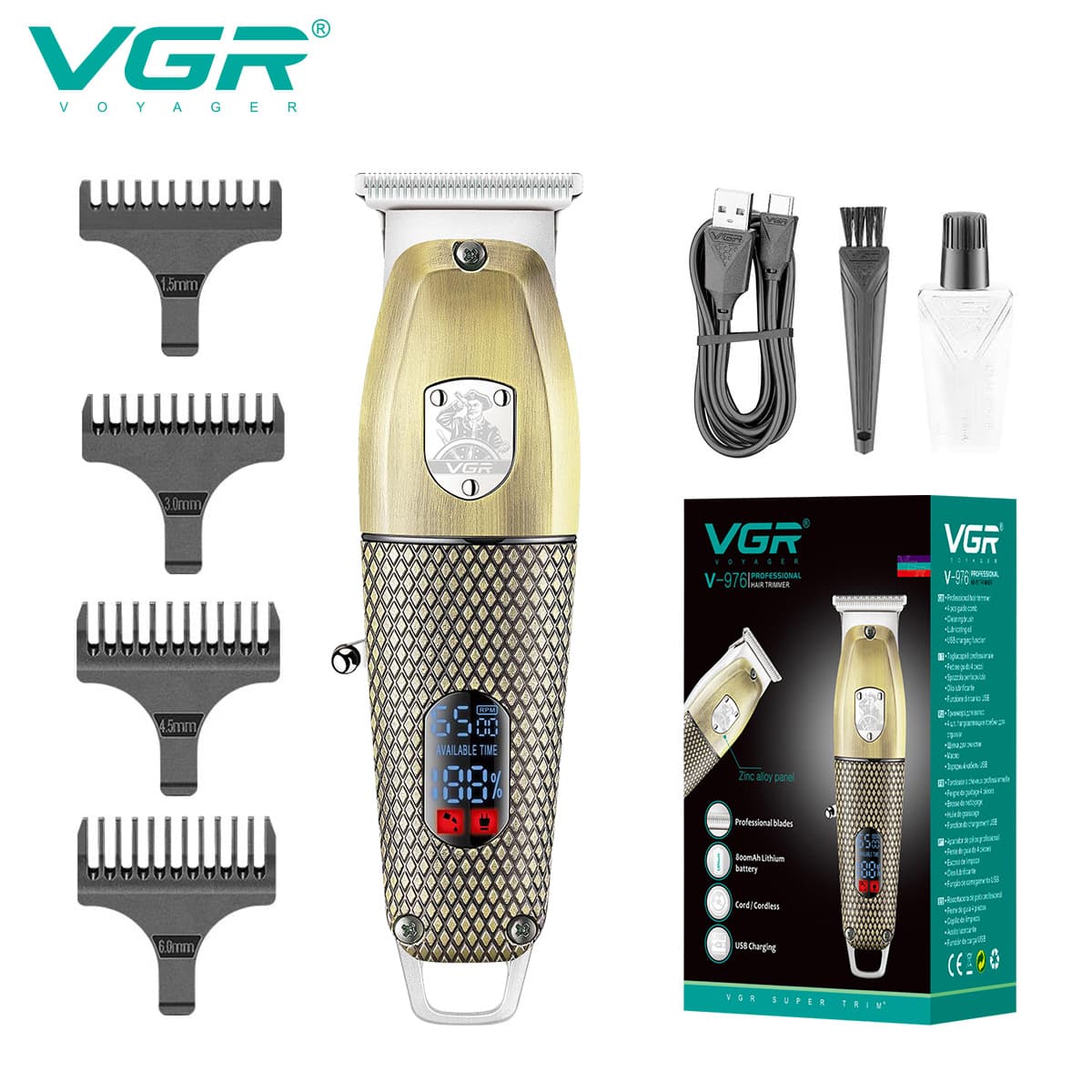 VGR976 New Retro Men's Hair Clipper with LCD Digital Display, Personalized Metal Body Engraving, White Electric Trimmer