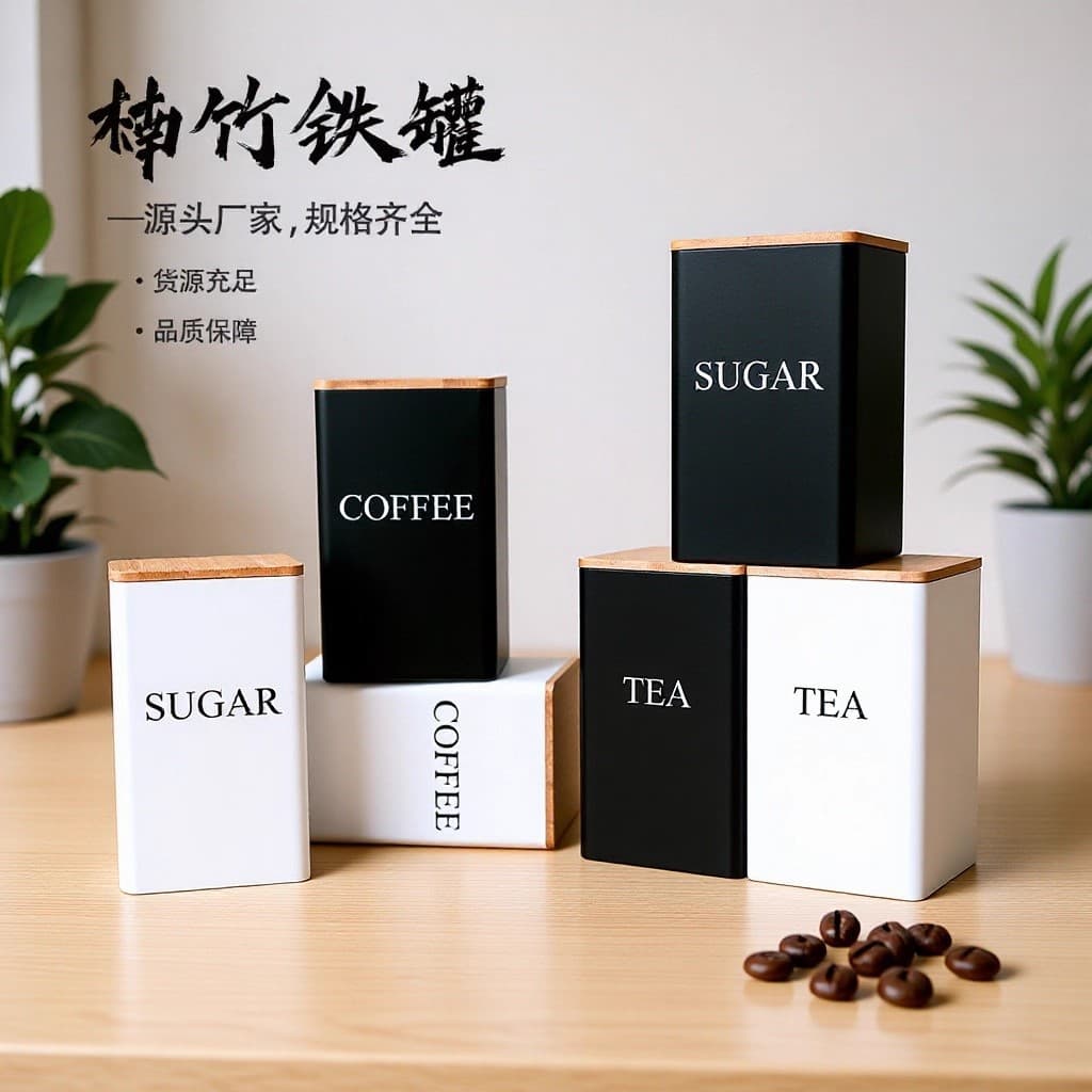 Cross-border FCM certified bamboo lid tin box, simple coffee candy tea tin can, metal sealed packaging, tinplate box