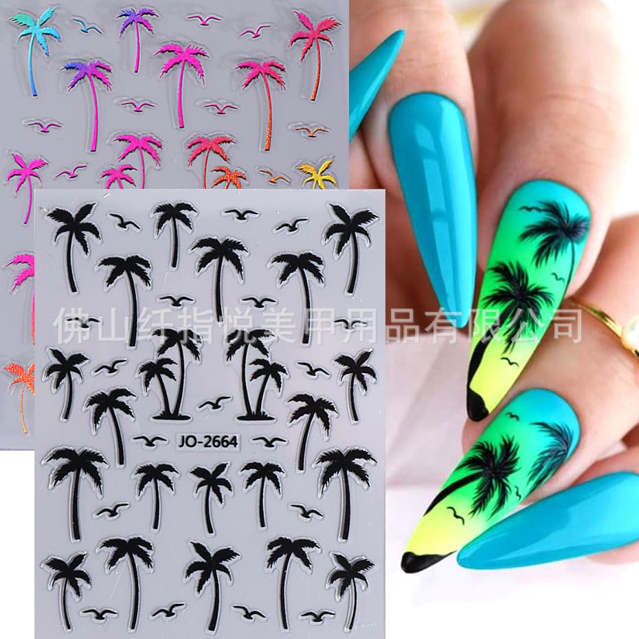 Little Red Book Hot Nail Art Stickers Ins Summer Island Coconut Tree Laser Silver Rainbow Adhesive Nail Stickers Jewelry
